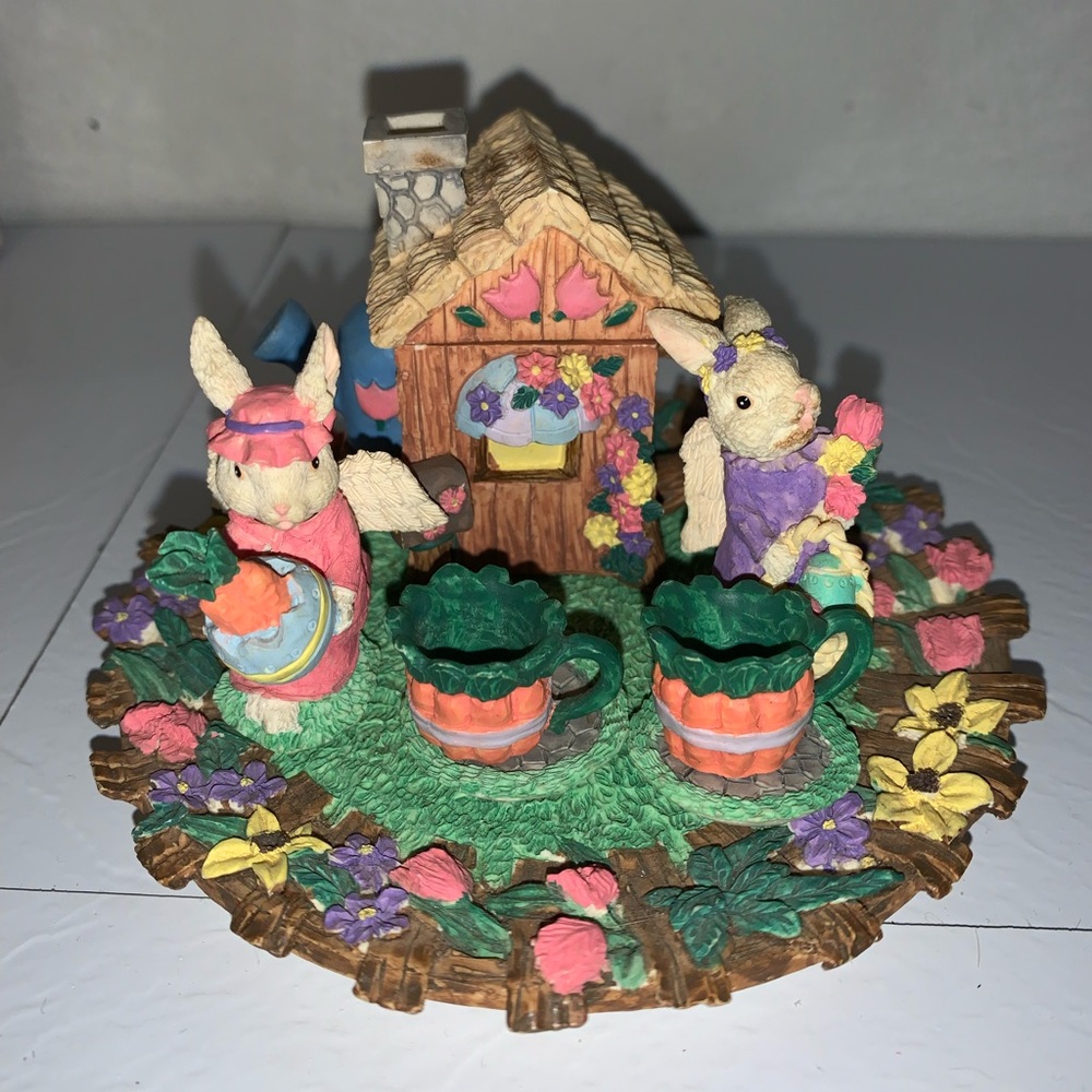 Vintage Resin Easter Tea Set House Bunnies Mugs Carrots Easter Decor